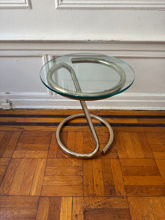 tubular brass sculptural side table with round glass top