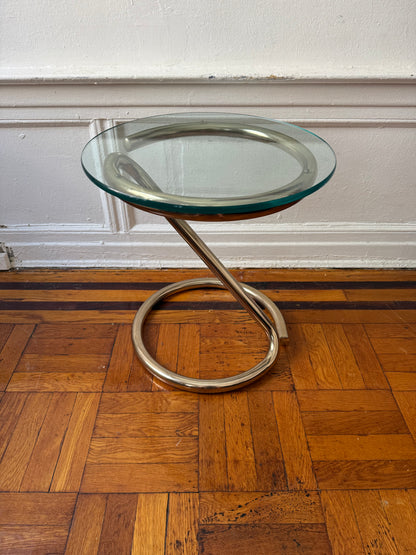 tubular brass sculptural side table with round glass top