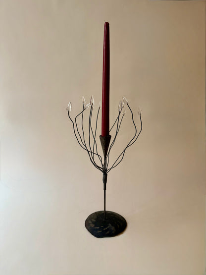 hand forged iron taper candle holder with possible wires with glass tips