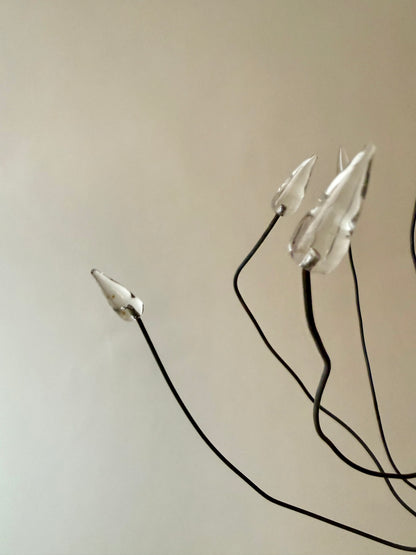 hand forged iron taper candle holder with possible wires with glass tips