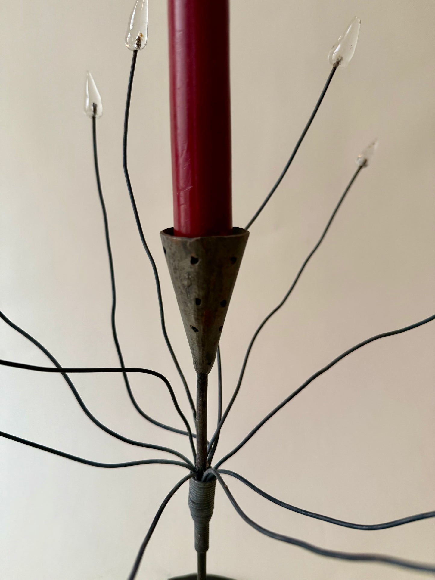 hand forged iron taper candle holder with possible wires with glass tips
