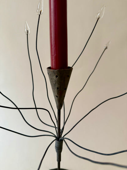 hand forged iron taper candle holder with possible wires with glass tips