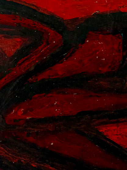 vintage red thick textural abstract figural painting by Daniel Buckler with tan mat