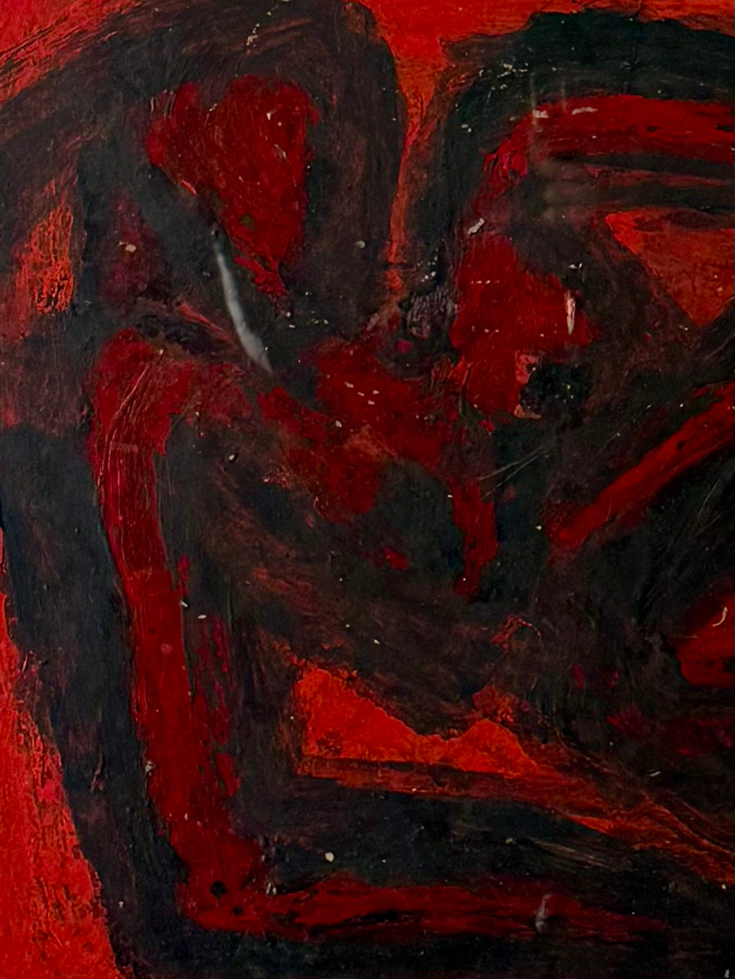 vintage red thick textural abstract figural painting by Daniel Buckler with tan mat