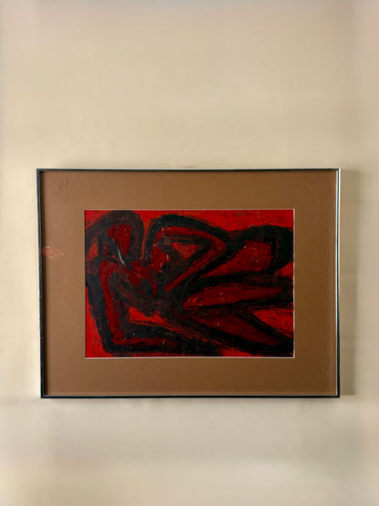vintage red thick textural abstract figural painting by Daniel Buckler with tan mat