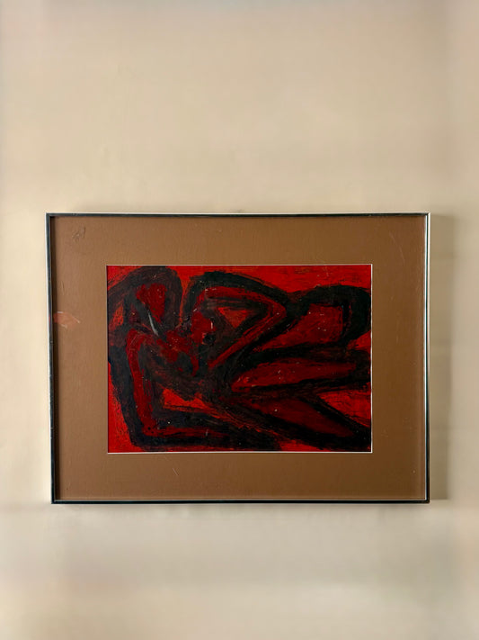 vintage red thick textural abstract figural painting by Daniel Buckler with tan mat