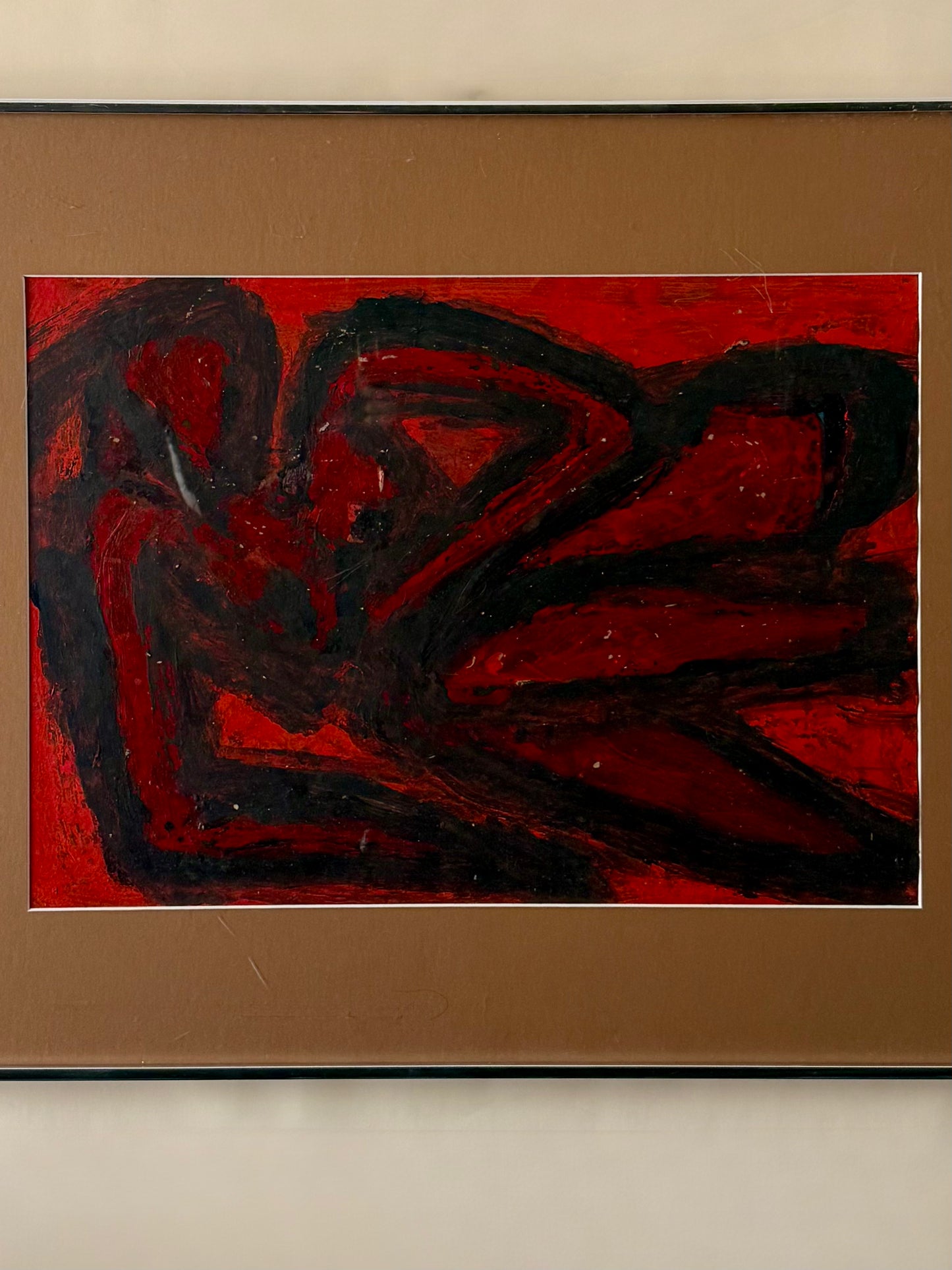 vintage red thick textural abstract figural painting by Daniel Buckler with tan mat