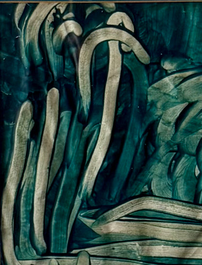 abstract green toned painting with blue mat and silver gilded frame