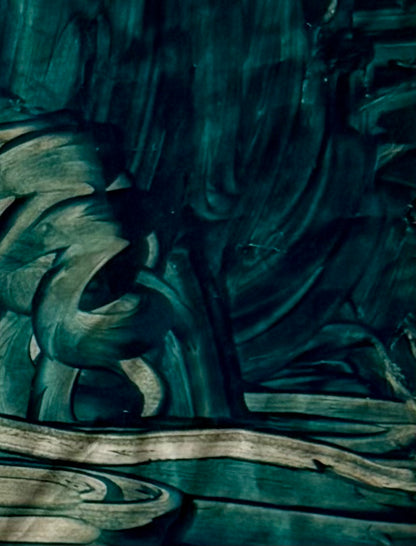 abstract green toned painting with blue mat and silver gilded frame