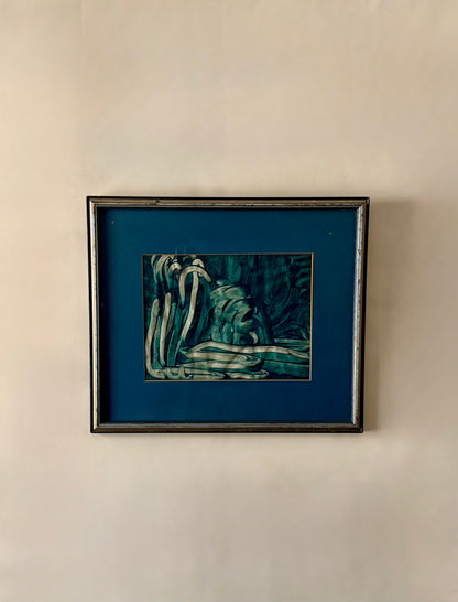 abstract green toned painting with blue mat and silver gilded frame