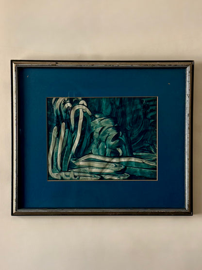 abstract green toned painting with blue mat and silver gilded frame