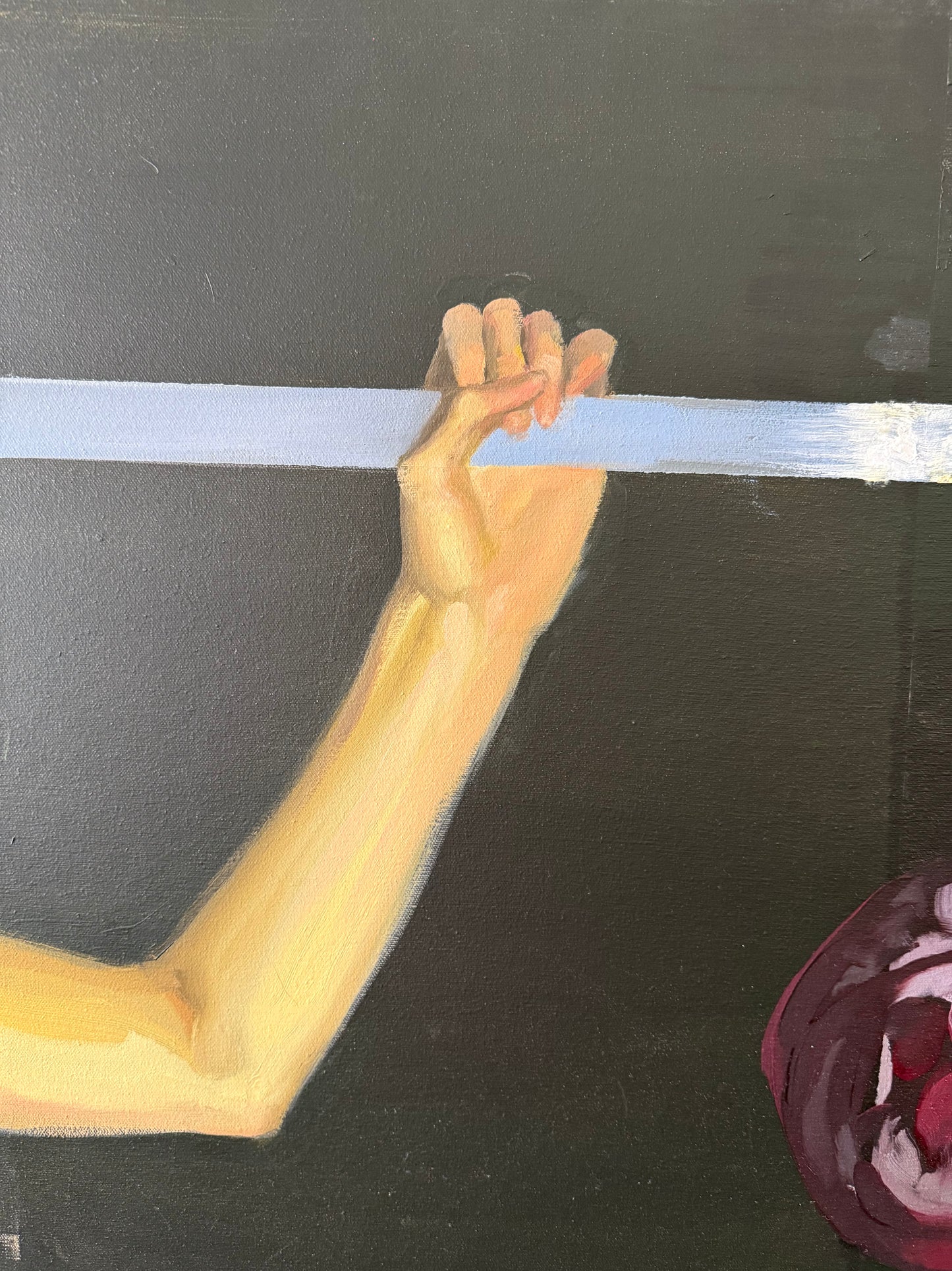 surrealist figural oil painting of arm with slice of sky