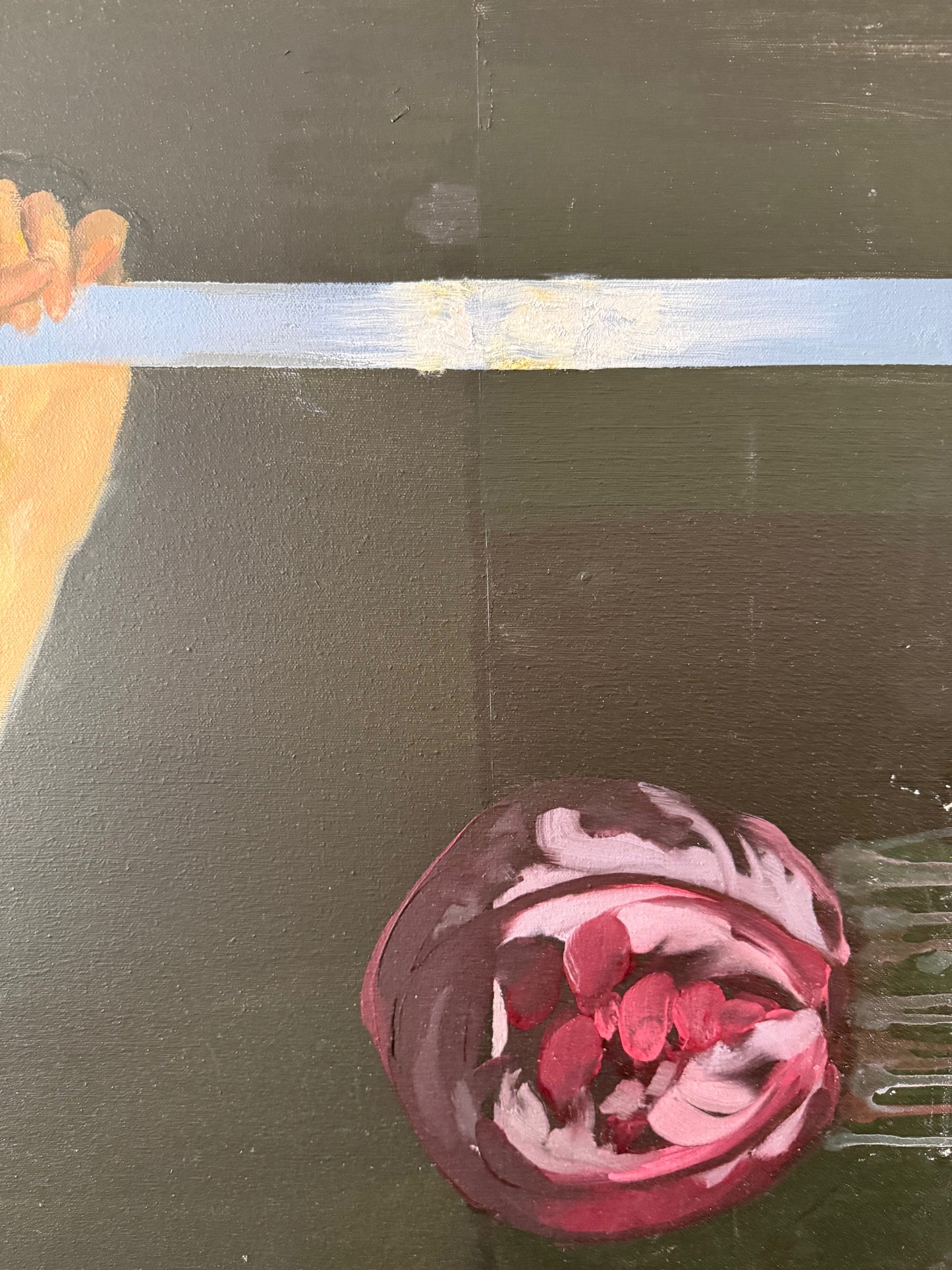surrealist figural oil painting of arm with slice of sky