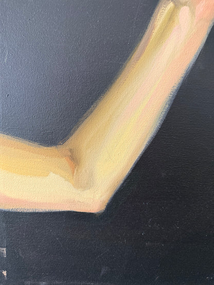 surrealist figural oil painting of arm with slice of sky