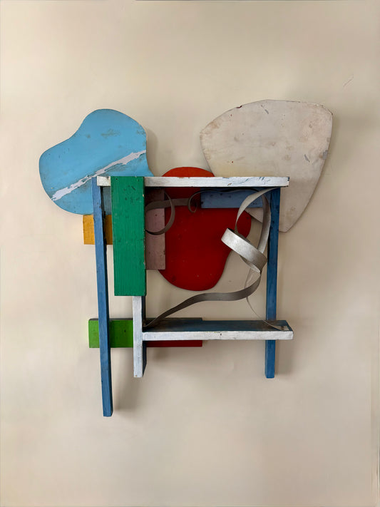 vintage colorful painted wood and metal wall sculpture with patina