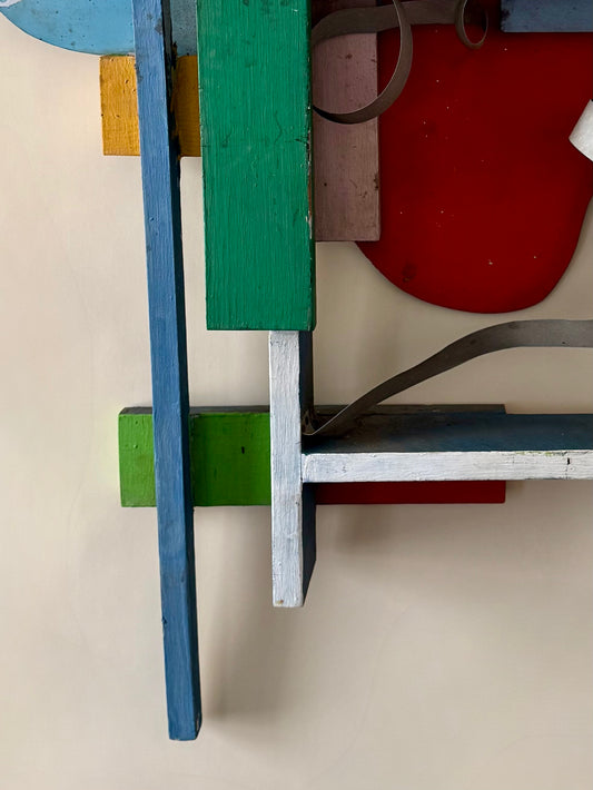 vintage colorful painted wood and metal wall sculpture with patina
