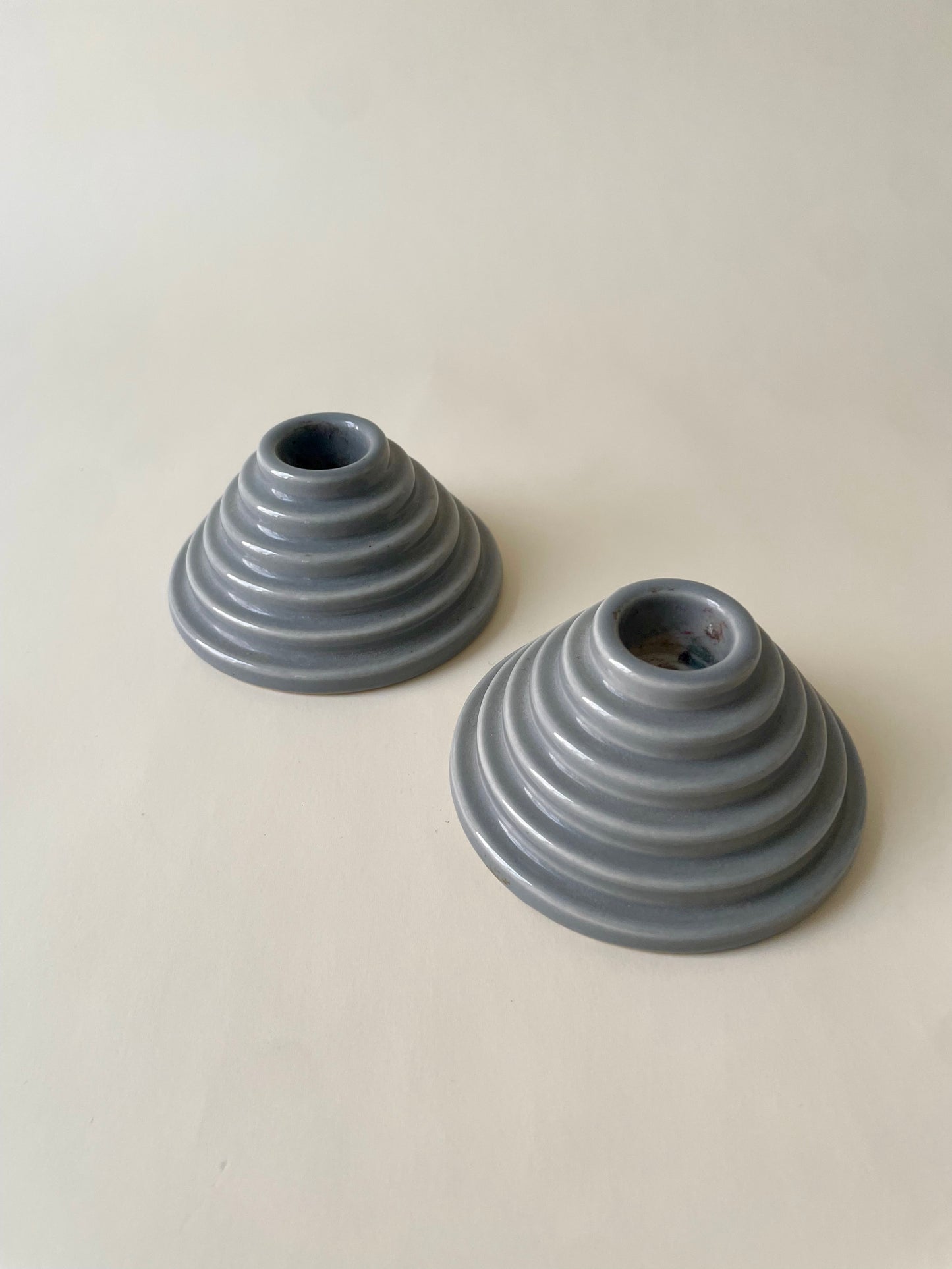 pair of vintage grey ceramic 1980s candleholders