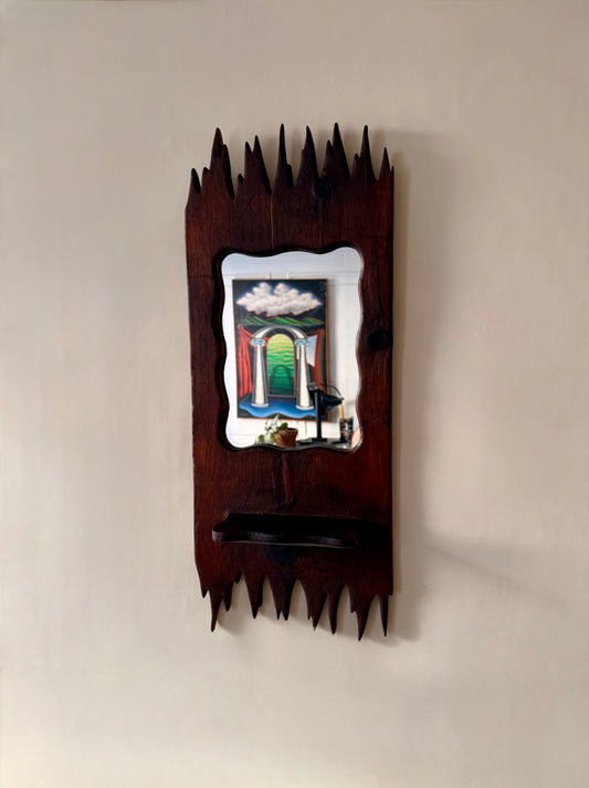 vintage handmade 1970s brutalist entryway mirror with shelf
