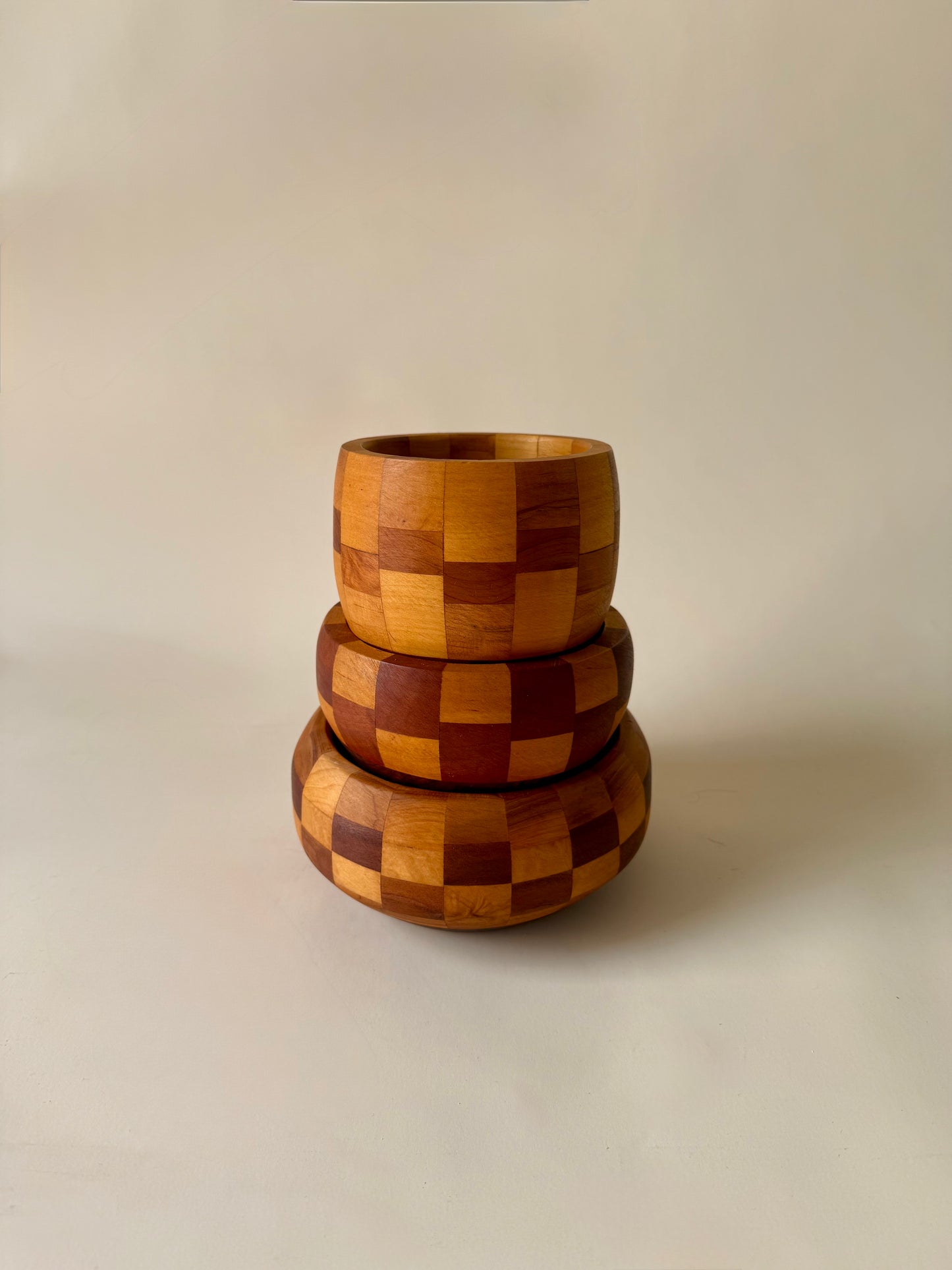 Vintage Set of Three Hand-Turned Checkerboard Wood Bowls