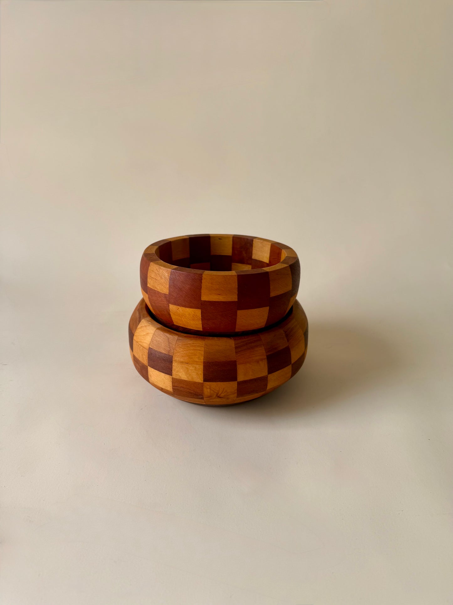 Vintage Set of Three Hand-Turned Checkerboard Wood Bowls