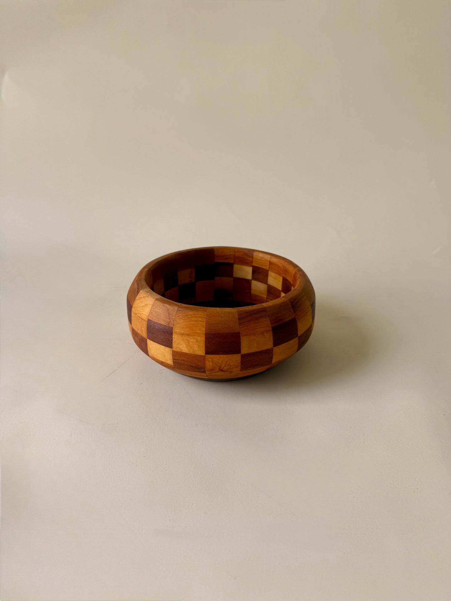 Vintage Set of Three Hand-Turned Checkerboard Wood Bowls