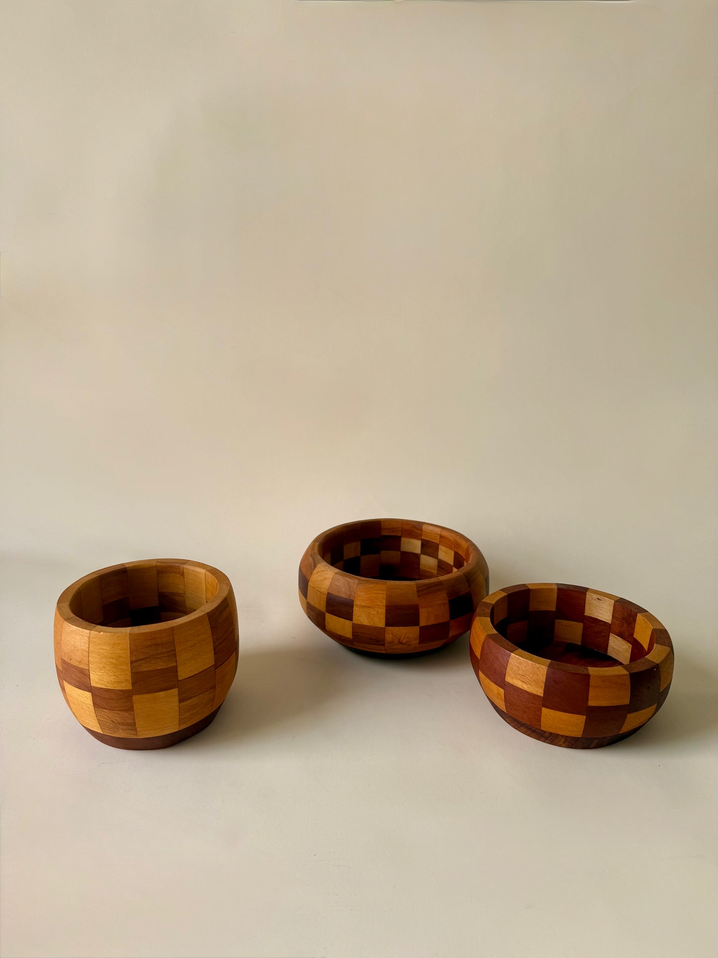 Vintage Set of Three Hand-Turned Checkerboard Wood Bowls