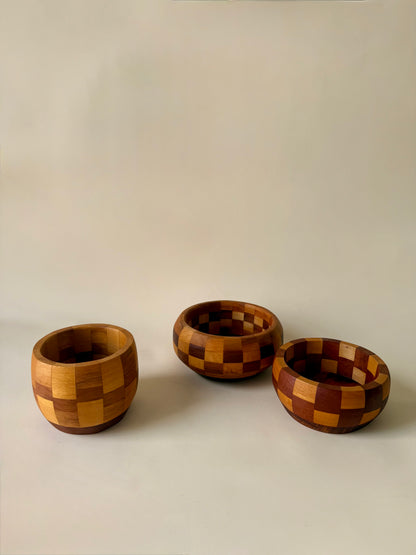 Vintage Set of Three Hand-Turned Checkerboard Wood Bowls